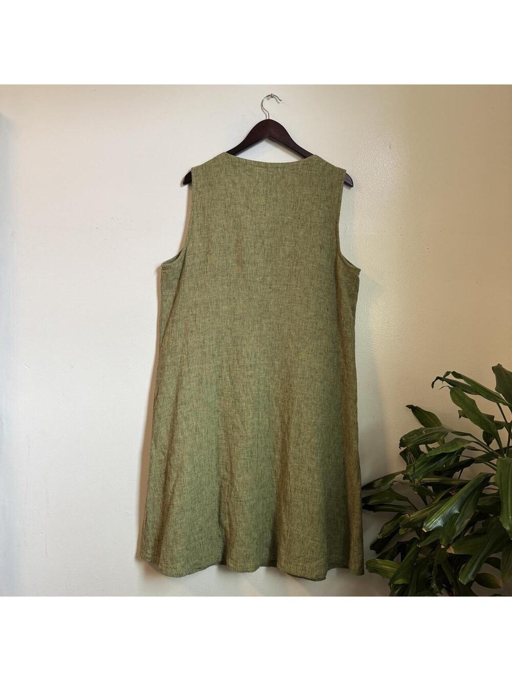 Cut Loose Linen Cotton Shift Dress XL Olive Green Lagenlook Artisan Made in USA - Picture 3 of 6